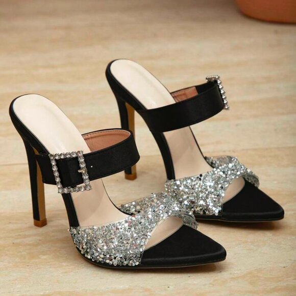 Size 6 Glamorous Rhinestone Buckle Stiletto Mules – Step Into Sophistication - Picture 6 of 7